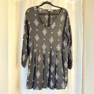 Roxy Black & White Printed Babydoll Dress | Boho Long Sleeve | Size M/L